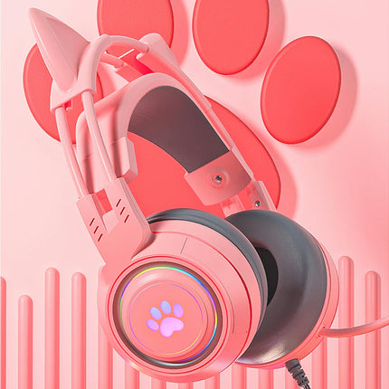 SY-G25 Reduction Detachable Cat Ear Wired Headphone 3.5mm USB Gaming Headset for Laptop-Pink