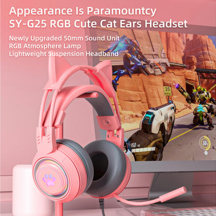 SY-G25 Reduction Detachable Cat Ear Wired Headphone 3.5mm USB Gaming Headset for Laptop-Pink