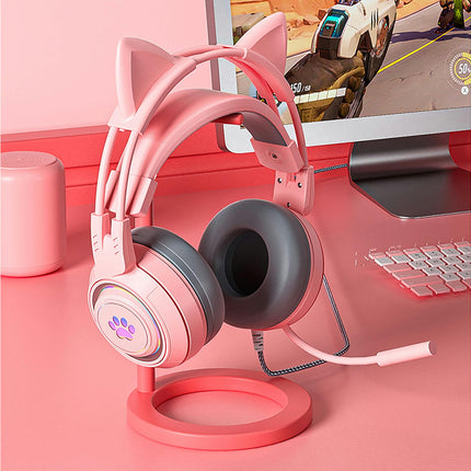 SY-G25 Reduction Detachable Cat Ear Wired Headphone 3.5mm USB Gaming Headset for Laptop-Pink