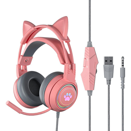 SY-G25 Reduction Detachable Cat Ear Wired Headphone 3.5mm USB Gaming Headset for Laptop-Pink