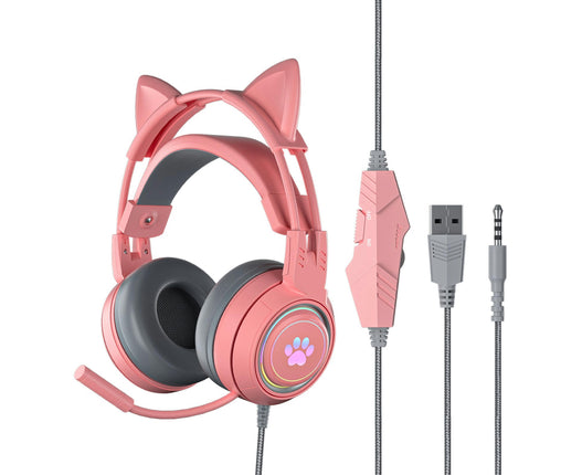 SY-G25 Reduction Detachable Cat Ear Wired Headphone 3.5mm USB Gaming Headset for Laptop-Pink