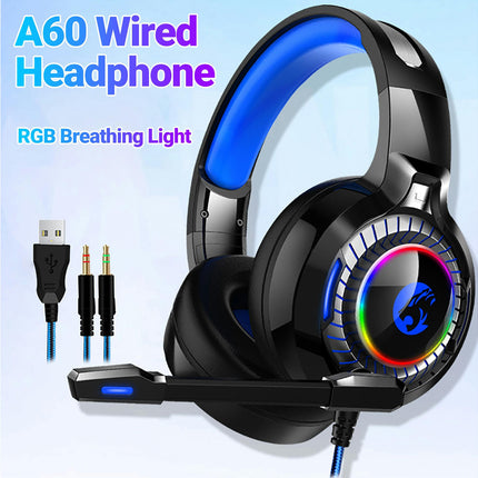 HiFi Noise Reduction RGB Breathing Light 3.5mm Headphone with Mircophone A60 Wired Headphone-Black