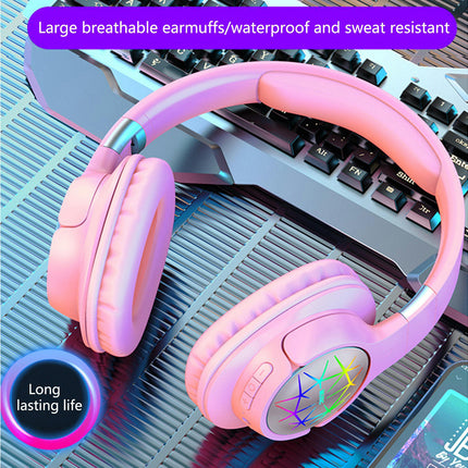 Flash Light Wireless Headphone Noise Reduction Stereo Sound Over-Ear Headset-Pink