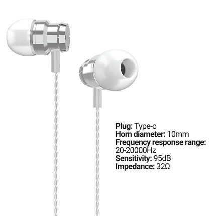 Universal Noise Reduction Wired Earphone In-ear Headphone with Mic for Type-C Phones-White