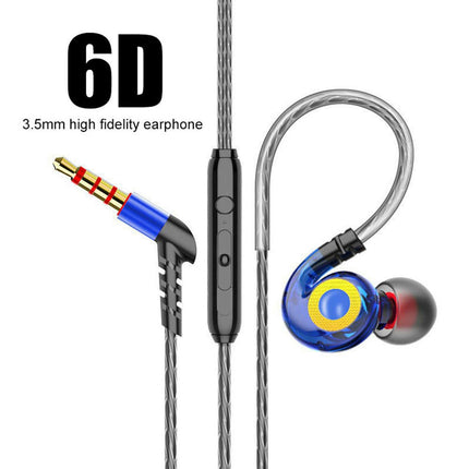 6D 4-Core Dual Moving Coil Sports Headset In-Ear 3.5mm Bass Music Wired Earphone-Blue