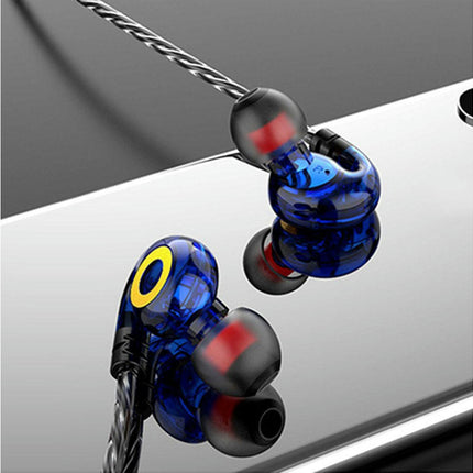 6D 4-Core Dual Moving Coil Sports Headset In-Ear 3.5mm Bass Music Wired Earphone-Blue