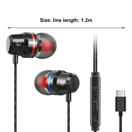 Universal Type-C Super Heavy Bass Stereo Music Earphones YT6 Wired Earbuds for Sports-Black