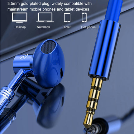 Ergonomic Wired Earbuds Heavy Bass In-ear 3.5mm Wire Control Earphones for Music-Blue