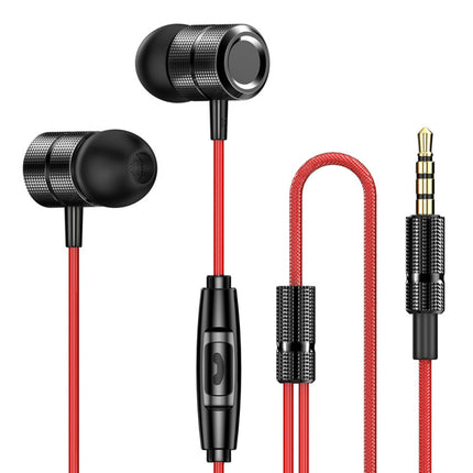 Noise Reduction Earphones In-ear Metal Body Wired Nylon Braided Earbuds for Sports-Red