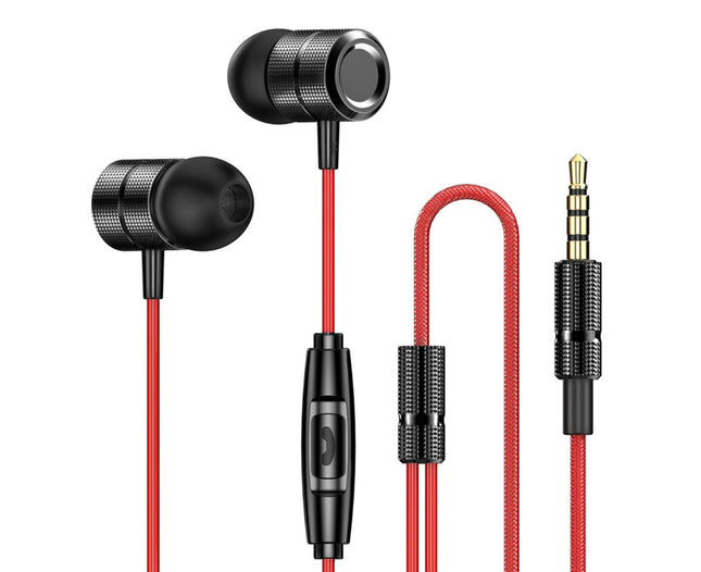 Noise Reduction Earphones In-ear Metal Body Wired Nylon Braided Earbuds for Sports-Red