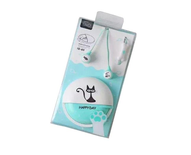 Cute Cartoon Cat In-ear Headset Stereo Music  Earphone with Mic Storage Box-Blue