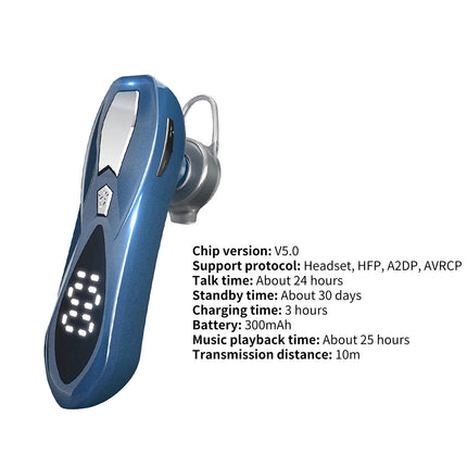 Digital Display Ear Hook Single Earbud HiFi Multifunctional Wireless Earphone for Calling-Blue