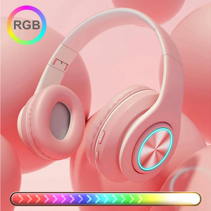 5.0 Wireless Bluetooth TF Card 3.5mm Jack RGB Light Stereo Headset Headphones-Pink