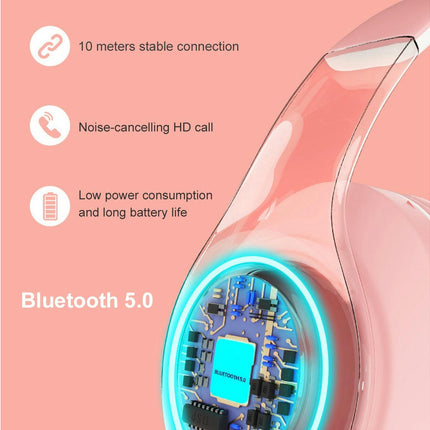 5.0 Wireless Bluetooth TF Card 3.5mm Jack RGB Light Stereo Headset Headphones-Pink