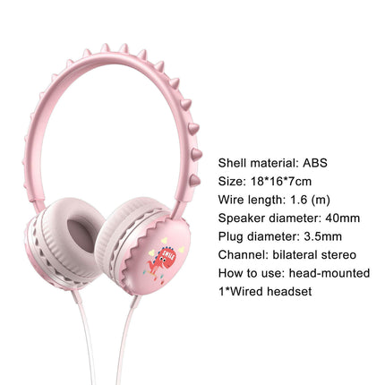 Cartoon Cute Dinosaur Over Ear Headset for Mobile Phone Universal 3.5mm Wired Headphone-Pink