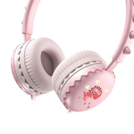 Cartoon Cute Dinosaur Over Ear Headset for Mobile Phone Universal 3.5mm Wired Headphone-Pink