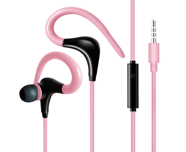 Waterproof Wired Earbud 3.5mm Noise Reduction Sports Ear Hook Earphone for Running-Pink