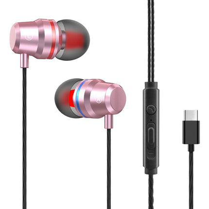 YT1 Wired Earbuds In-ear Metal Type-C Wire Control Music Earphones for Gaming-Rose Gold