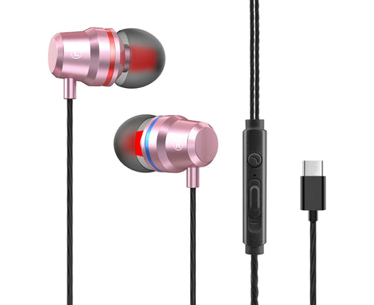 YT1 Wired Earbuds In-ear Metal Type-C Wire Control Music Earphones for Gaming-Rose Gold