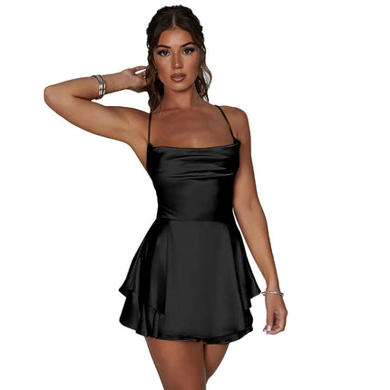 Women's Sleeveless Halter Neck Mini Dress Backless Lace Up A Line Ruffled Short Dress