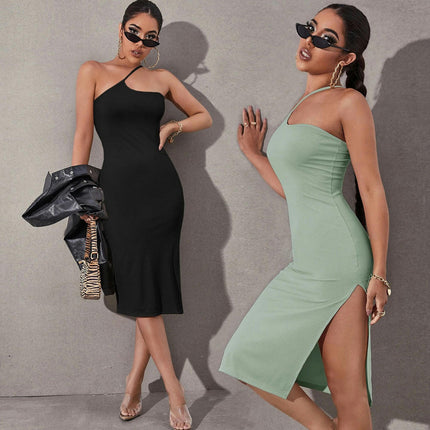 Women's Casual Sleeveless Off The Shoulder Spaghetti Strap Slit Party Bodycon Midi Dresses