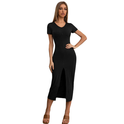 Women's Sexy Bodycon V Neck Short Sleeve Slit Summer Club Party Midi Dress