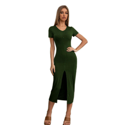 Women's Sexy Bodycon V Neck Short Sleeve Slit Summer Club Party Midi Dress