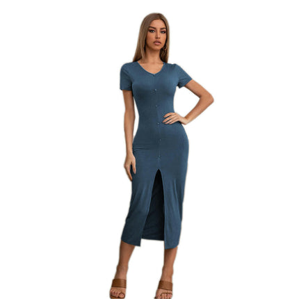 Women's Sexy Bodycon V Neck Short Sleeve Slit Summer Club Party Midi Dress