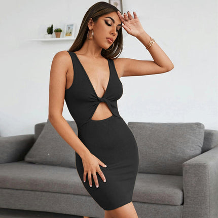 Women's Sexy Deep V Neck Twist Front Mini Bodycon Tank Dress Elegant Party Club Dresses