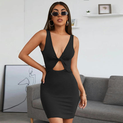 Women's Sexy Deep V Neck Twist Front Mini Bodycon Tank Dress Elegant Party Club Dresses