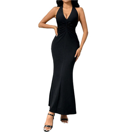 Women's Sexy Sleeveless Summer Dress Backless Deep V Neck Halter Bodycon Maxi Party Dress