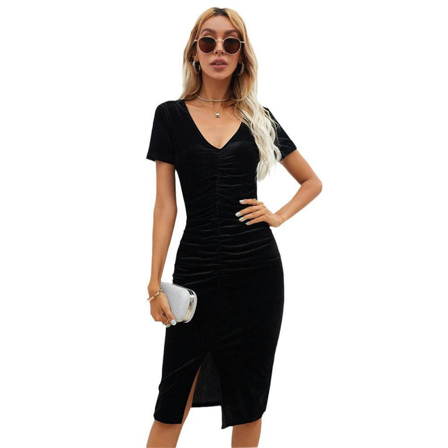 Women Sexy V-Neck Summer Midi Dresses Short Sleeve Slit Ruched Bodycon Dress