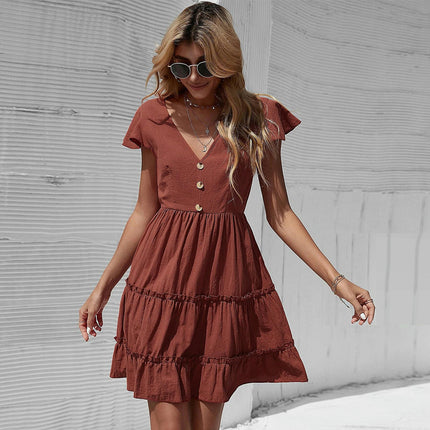 Summer Mini Dresses for Women Short Sleeve V-Neck Tiered Ruffle Flowy Boho Beach Sundress