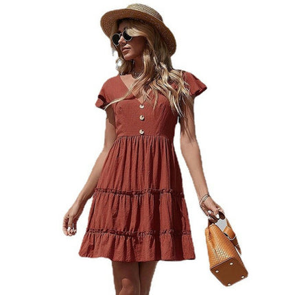 Summer Mini Dresses for Women Short Sleeve V-Neck Tiered Ruffle Flowy Boho Beach Sundress