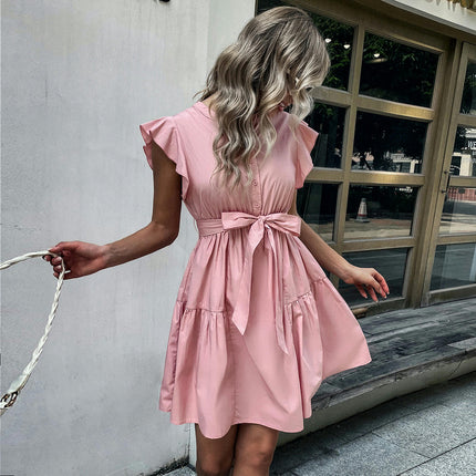 Women's Summer Cap Sleeve Mini Dress Tie Waist Crew Neck A-Line Ruffle Short Dress