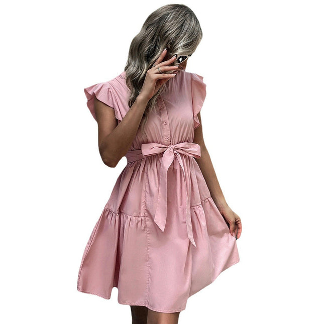 Women's Summer Cap Sleeve Mini Dress Tie Waist Crew Neck A-Line Ruffle Short Dress