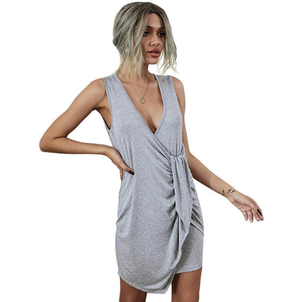 Women Sleeveless Wrap Deep V Neck Mini Tank Dress Tie Waist Summer Dresses