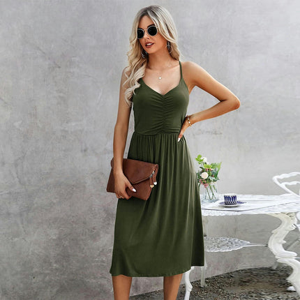 Women's Summer Spaghetti Straps V Neck Sleeveless A Line Flowy Midi Dresses