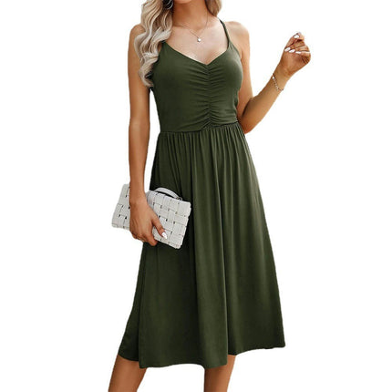 Women's Summer Spaghetti Straps V Neck Sleeveless A Line Flowy Midi Dresses