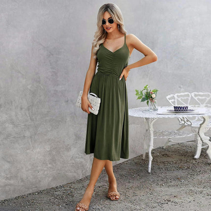 Women's Summer Spaghetti Straps V Neck Sleeveless A Line Flowy Midi Dresses