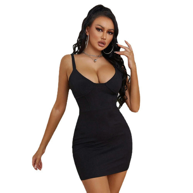 Women Summer Sexy Deep V Neck Sleeveless Spaghetti Strap Bodycon Mini Club Dress