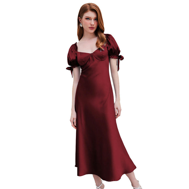 Women's Satin Sweetheart Neck Puff Short Sleeves Backless Cocktail Midi Dresses