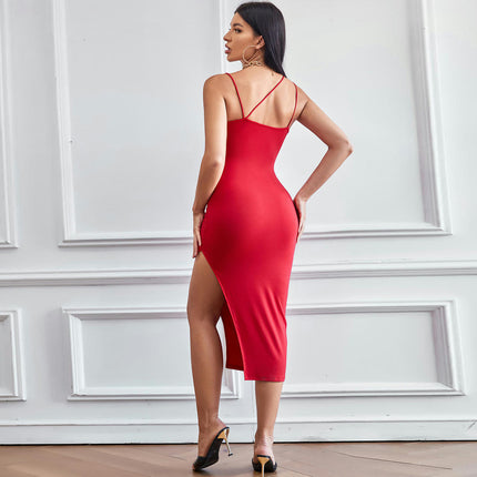 Women Spaghetti Strap Deep V Neck Midi Dress Sleeveless Bodycon Split Party Dresses