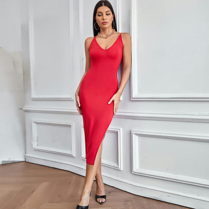 Women Spaghetti Strap Deep V Neck Midi Dress Sleeveless Bodycon Split Party Dresses