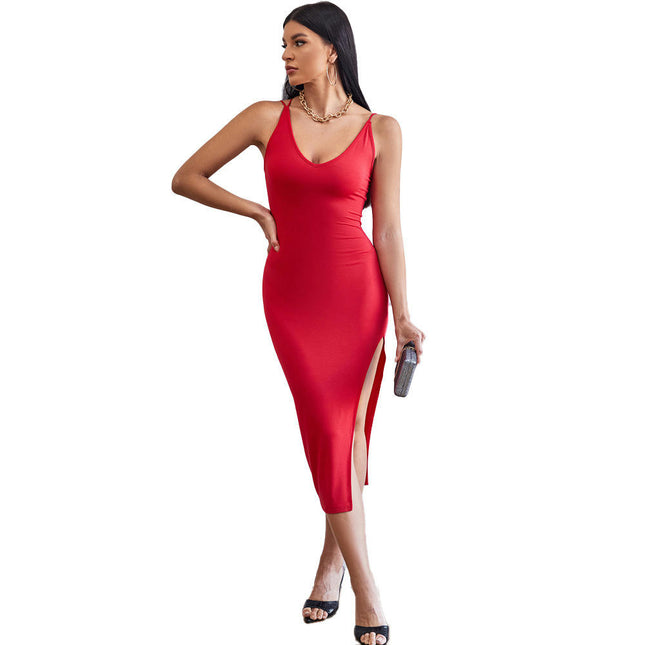 Women Spaghetti Strap Deep V Neck Midi Dress Sleeveless Bodycon Split Party Dresses