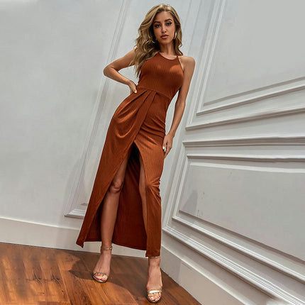 Women's Sexy Halter Neck Sleeveless Backless Slit Ruched Party Cocktail Maxi Dress