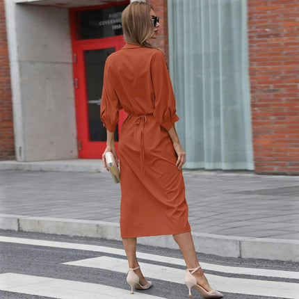 Women's Lapel 3/4 Sleeves Midi Dress Summer Button Down Shirt Dresses