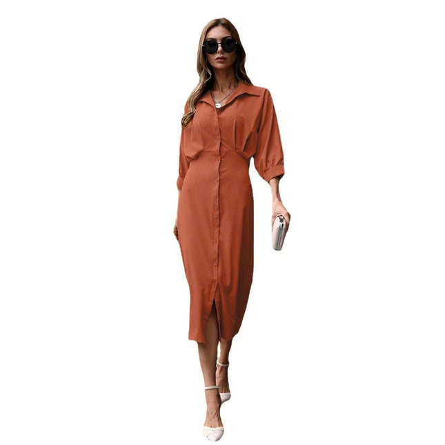 Women's Lapel 3/4 Sleeves Midi Dress Summer Button Down Shirt Dresses