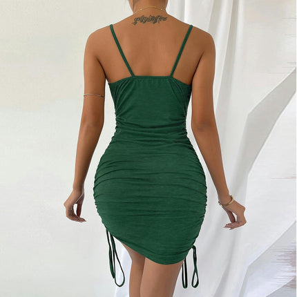 Women's Bodycon Summer Sleeveless Spaghetti Straps Ruched Drawstring Mini Dress