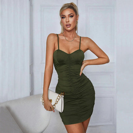 Women's Sexy Ruched Bodycon Spaghetti Strap Mini Dress Sleeveless Club Party Dress